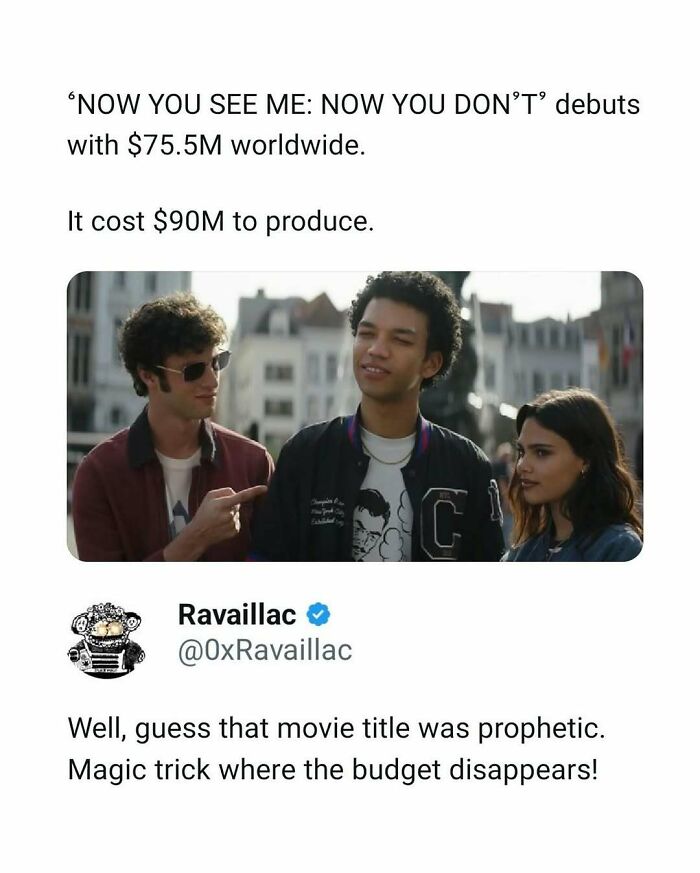 Movie memes showing a humorous tweet about the budget and earnings of Now You See Me 2 debuting worldwide.