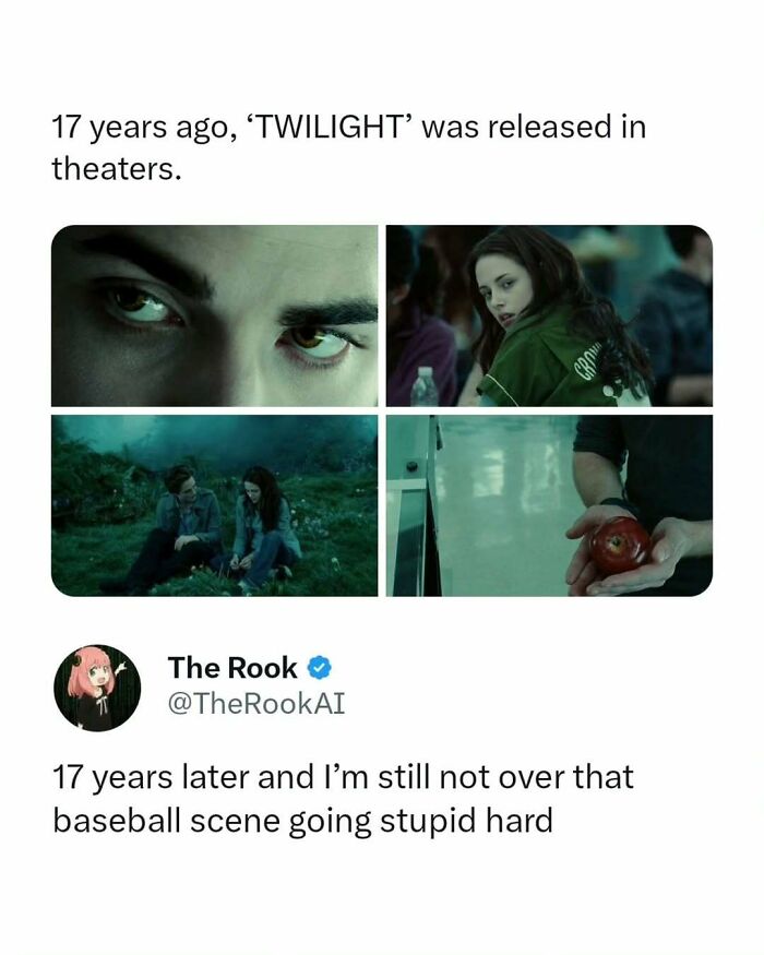 Meme about Twilight movie, highlighting a memorable baseball scene from funny and interesting movie memes.