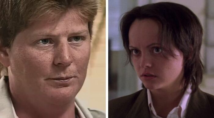 Split image showing a real-life famous serial criminal on the left and Charlize Theron portraying the same criminal on the right. Split image showing a real-life famous serial criminal on the left and Charlize Theron portraying the same criminal on the right.