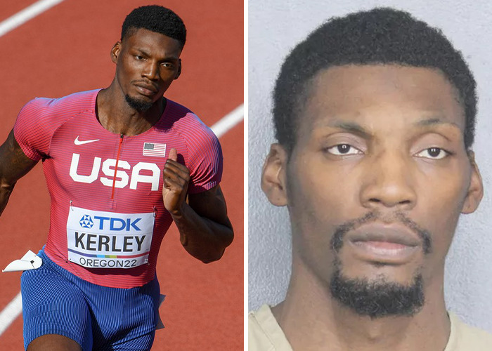 Athlete wearing USA track uniform running on track, and mugshot of same man related to celebrities arrested in 2025.