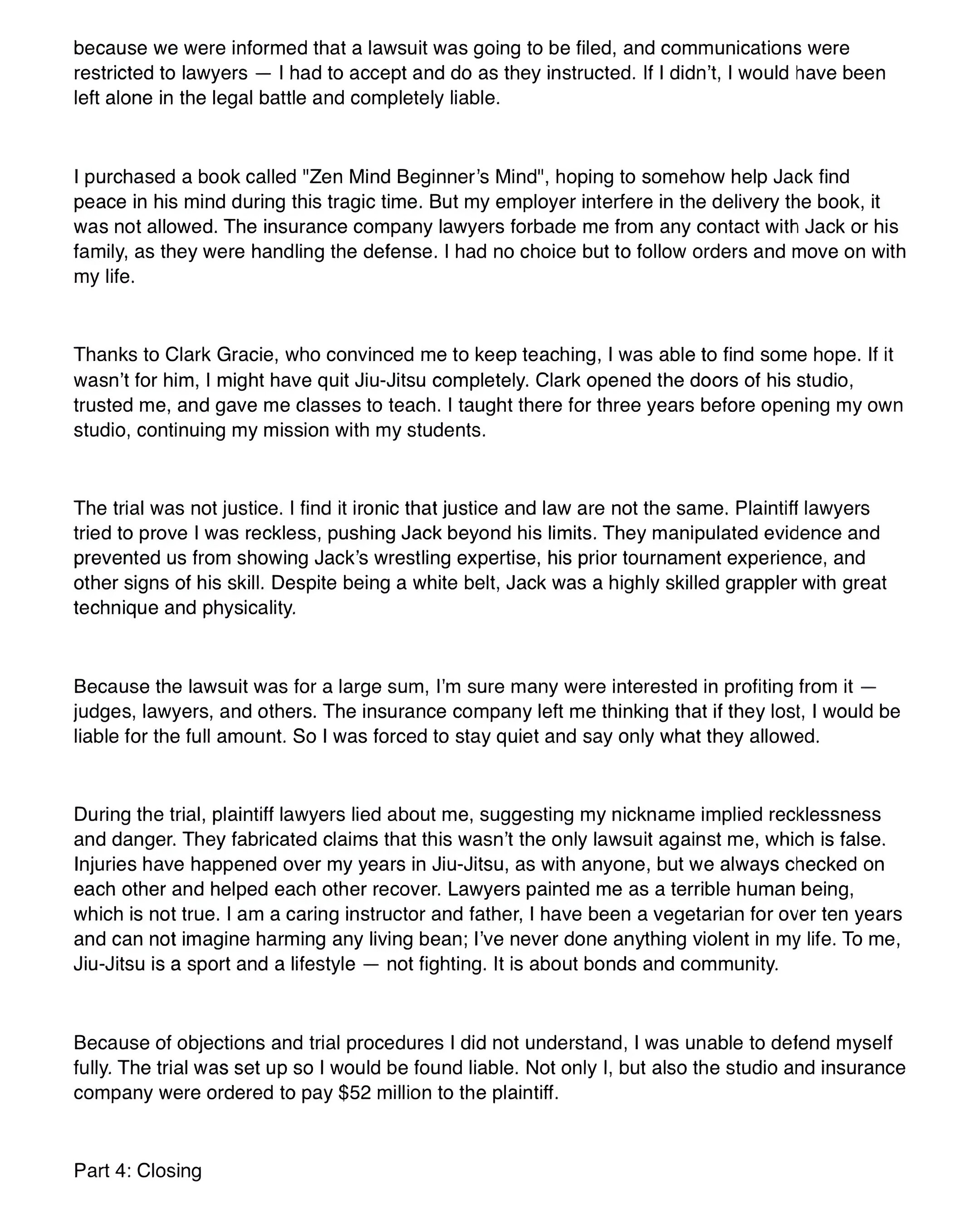 Text document discussing a Jiu-Jitsu trainer's account and legal battle after a tragic sparring accident involving a student.