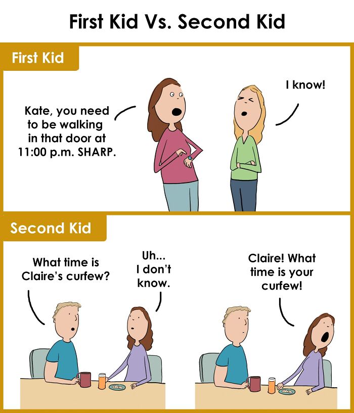 Comic illustrating relatable struggles of raising kids, comparing strict first child curfew to relaxed second child rules.