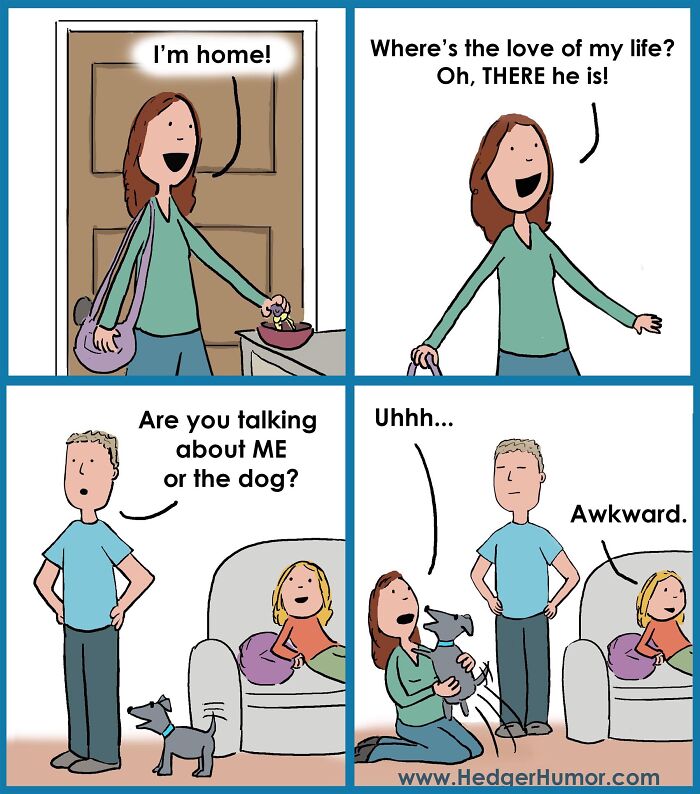 Comic strip showing relatable moments of raising kids with humor about family and pet dynamics in a lighthearted home setting.