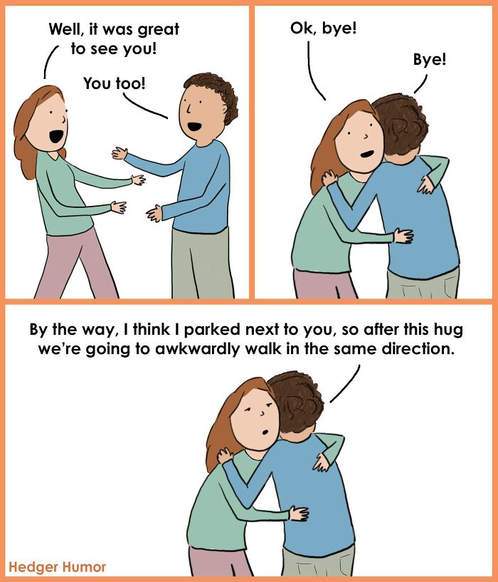 Two people sharing an awkward hug in a relatable comic about the joys and struggles of raising kids.