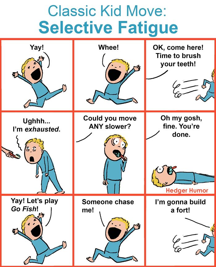 Comic illustrating relatable kid moments showing joys and struggles of raising kids through playful and tired expressions.