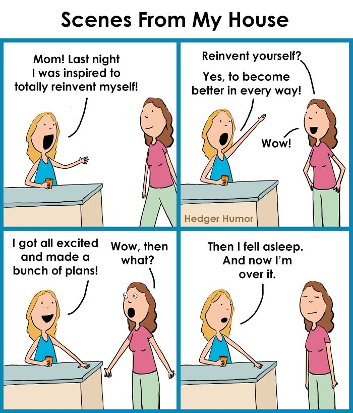 Comic strip showing relatable moments and struggles of raising kids with humor and family conversations.