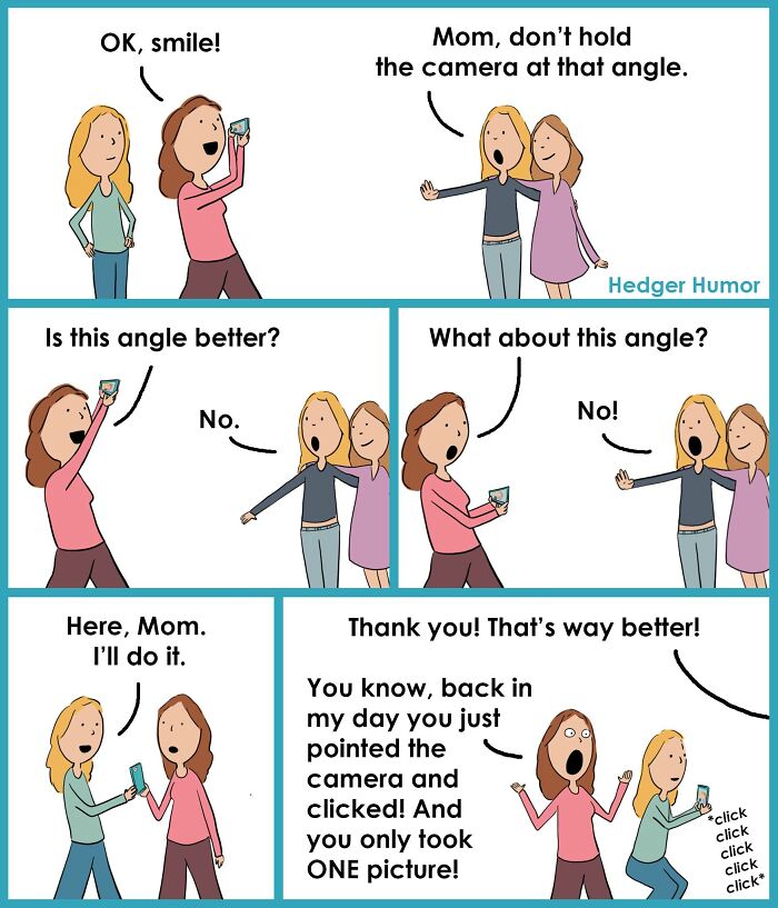 Comic strip showing mom and daughter struggling to take a selfie, highlighting relatable moments of raising kids.