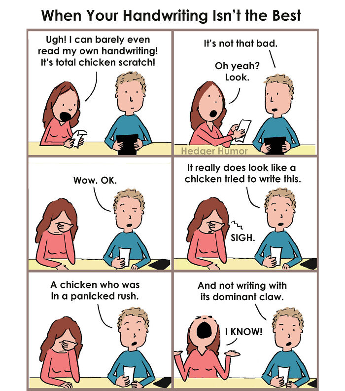 Comic showing parents humorously discussing messy handwriting, capturing relatable struggles of raising kids and daily family life.