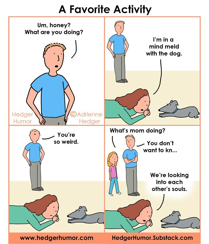 Parent mind melding with dog in a relatable comic about the joys and struggles of raising kids and family life.