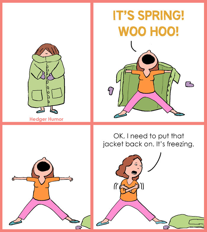 Comic strip showing the joys and struggles of raising kids with changing weather and parenting challenges.