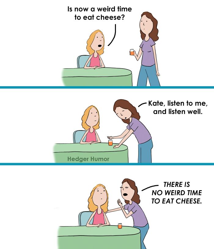Relatable comic showing the joys and struggles of raising kids with a humorous talk about eating cheese anytime.