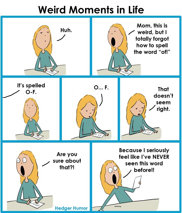 Comic depicting relatable moments about raising kids, showing a child's confusion over spelling a simple word.