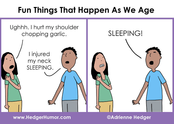 Cartoon depicting relatable struggles of aging with people humorously complaining about pain from everyday activities and sleeping.