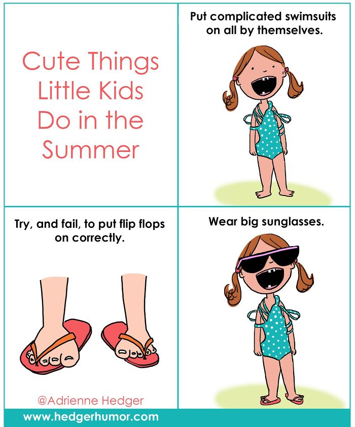 Comic showing relatable kids' summer moments including putting on swimsuits, flip flops, and wearing big sunglasses.