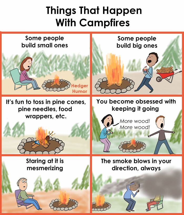 Comic panels showing relatable joys and struggles of raising kids, featuring campfire moments and family interactions outdoors.