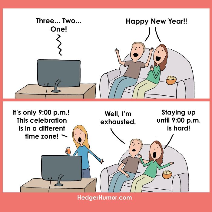 Cartoon parents celebrating New Year early on couch, showing relatable struggles of raising kids and staying up late.