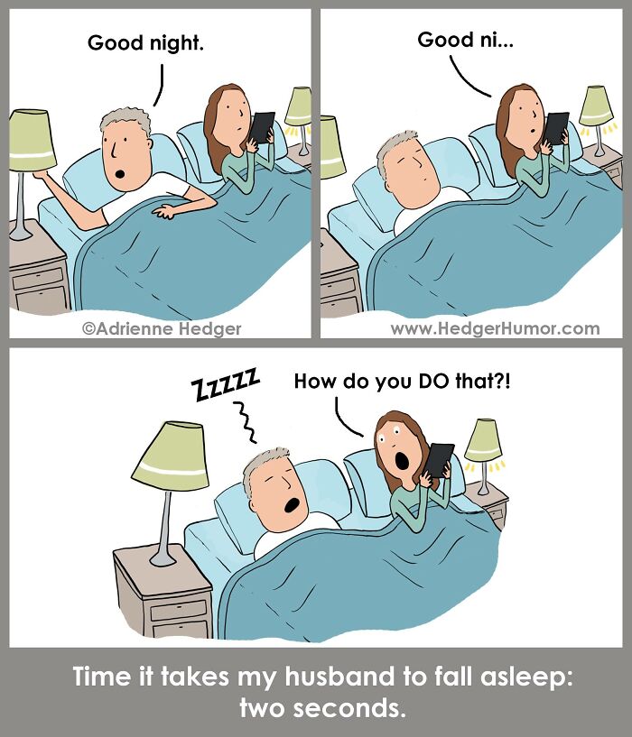 Comic showing a relatable parenting moment of a husband quickly falling asleep while the wife struggles to stay awake.