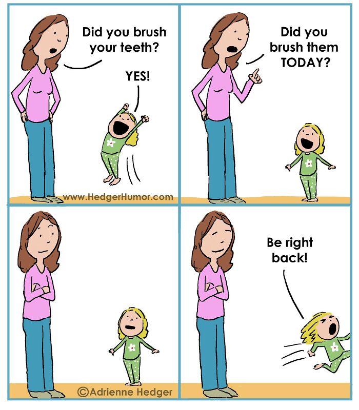 Comic showing relatable parenting moments with a mother reminding a child to brush teeth, capturing joys and struggles.