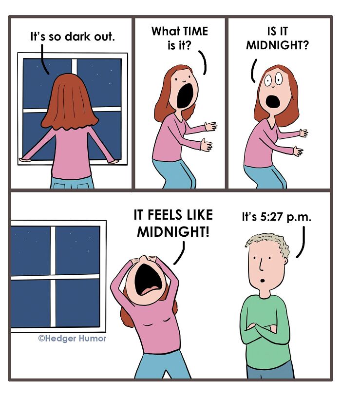 Comic strip showing the relatable struggles of raising kids with a mom confusing early evening for midnight.