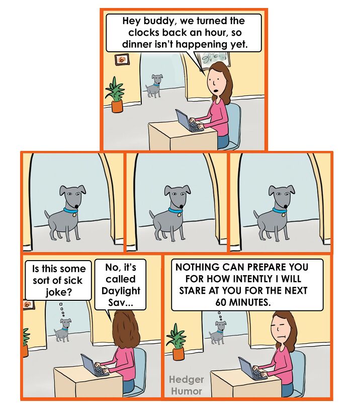 Comic panel showing a woman explaining daylight saving time to a dog, capturing joys and struggles of raising kids.