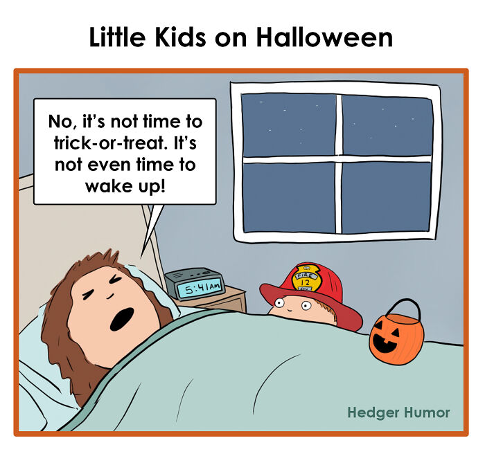 Comic showing relatable kids and a tired parent struggling with early Halloween excitement before waking up.