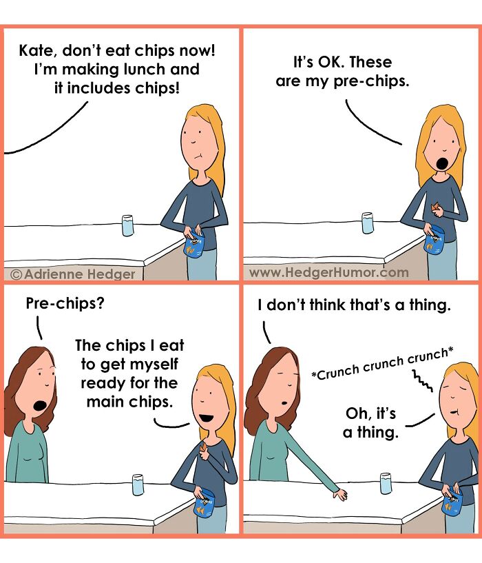 Comic showing relatable parenting humor about kids eating pre-chips before lunch, highlighting joys and struggles of raising kids.