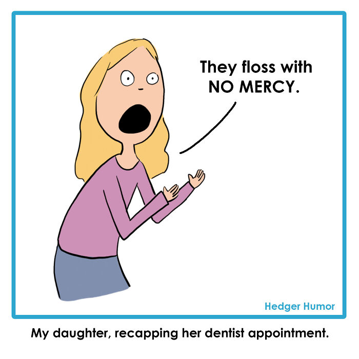 Cartoon of a mother humorously describing kids flossing with no mercy, depicting relatable struggles of raising kids.