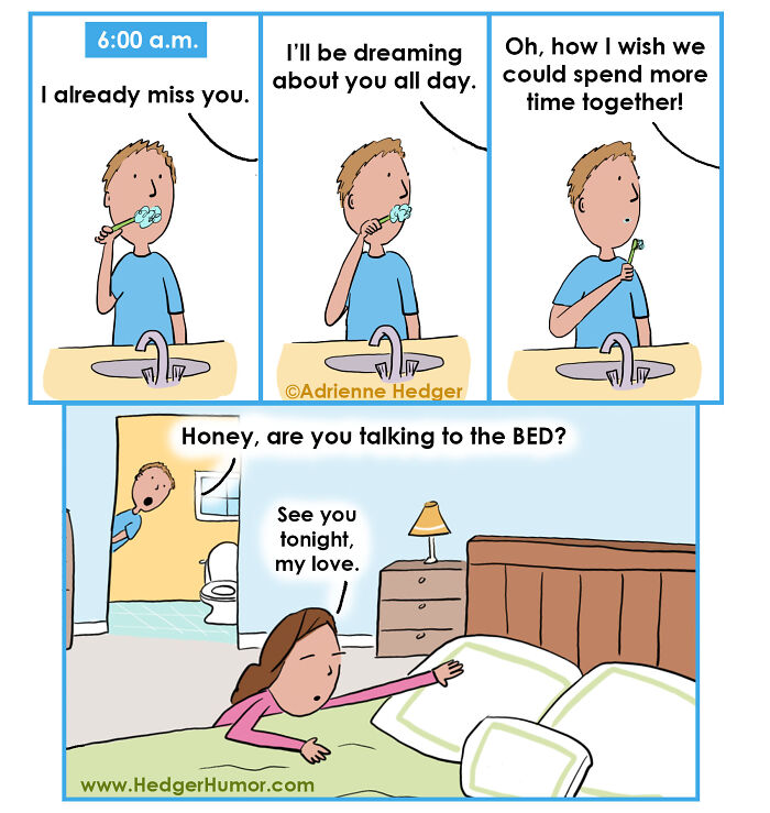Comic showing a parent brushing teeth, talking to bed, capturing relatable joys and struggles of raising kids.