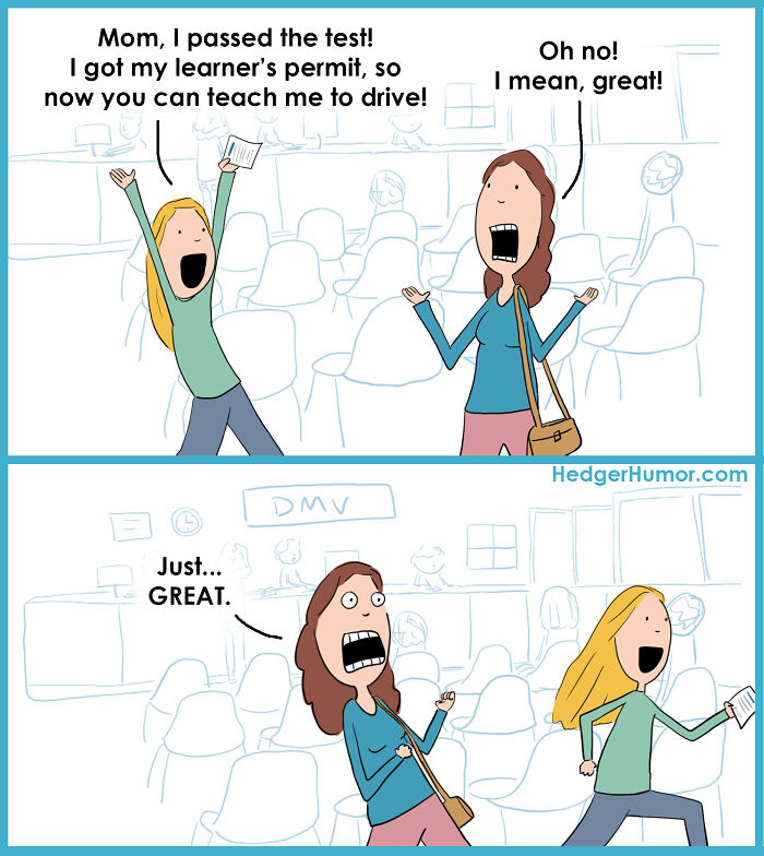 Comic showing the relatable joys and struggles of raising kids as a mom reacts to her child's learner's permit news.