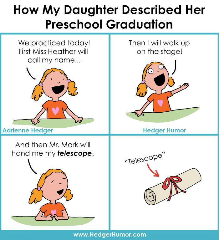 Comic about the joys and struggles of raising kids showing a child's funny misunderstanding at preschool graduation.