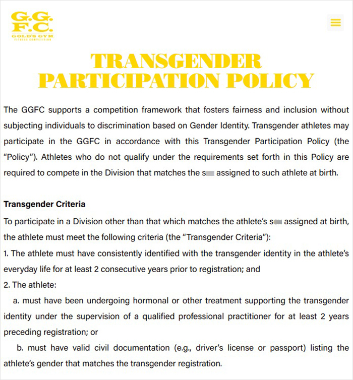 Transgender participation policy at Gold&rsquo;s Gym outlining criteria for transgender athletes and gender identity inclusion in sports competition.