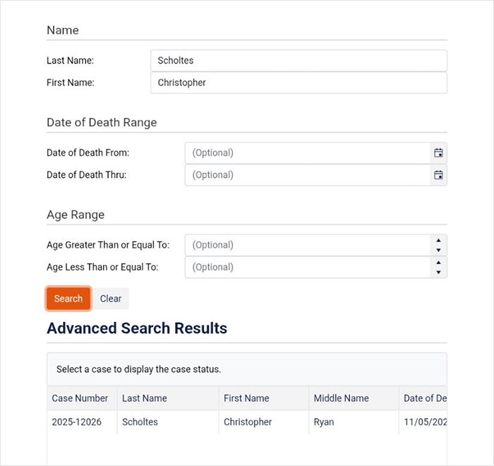 Search interface showing advanced search results for a death record related to a dad found deceased ahead of sentencing. Search interface showing advanced search results for a death record related to a dad found deceased ahead of sentencing.