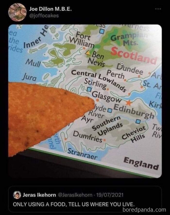 Close-up of a Scottish map with a chip placed over Glasgow, part of hilarious and unhinged Scottish posts online.