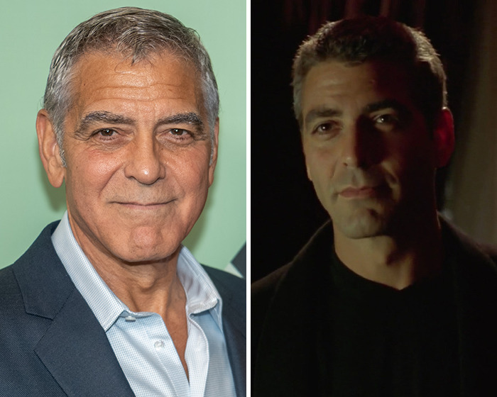 George Clooney at a movie event and a film still of him in a dark setting, highlighting celebrity movie confessions.