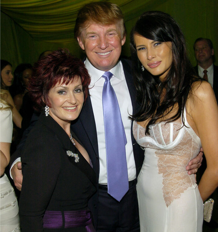 Sharon Osbourne with Donald Trump and Melania Trump at an event, highlighting Sharon Osbourne and Donald Trump voicemail.