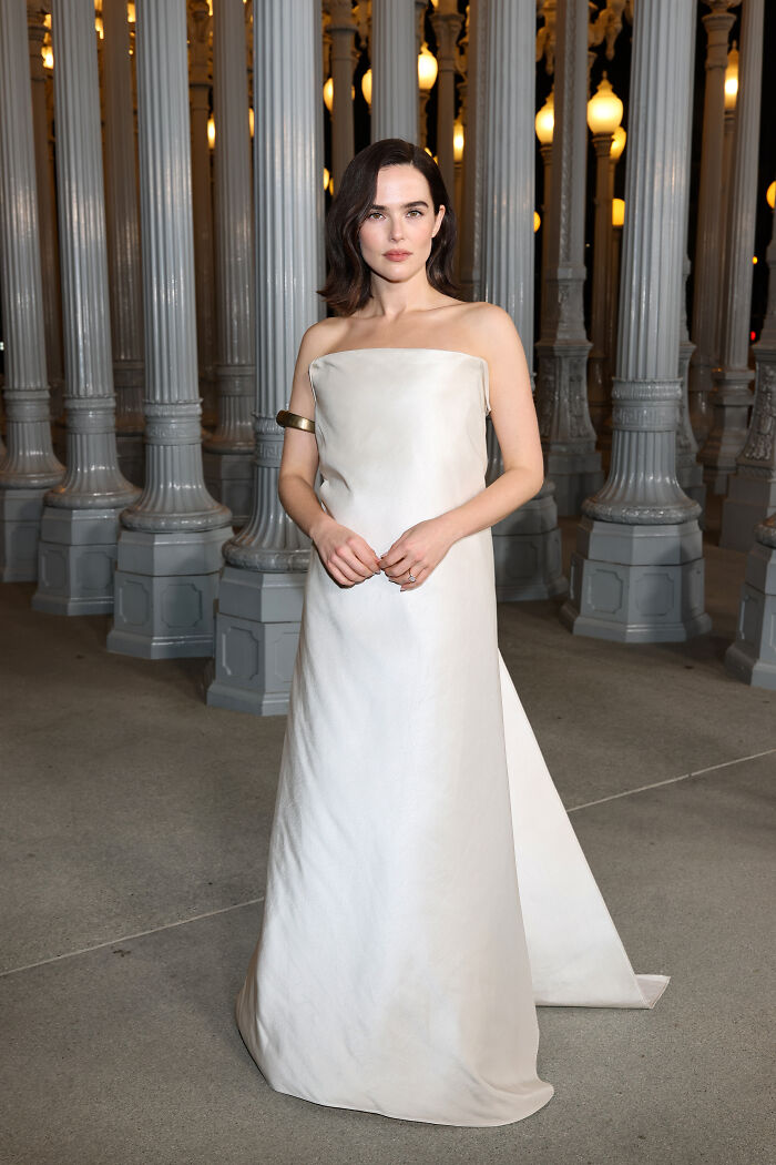 Woman in elegant white strapless gown at LACMA Art and Film Gala, showcasing one of the best outfits of 2025 event.