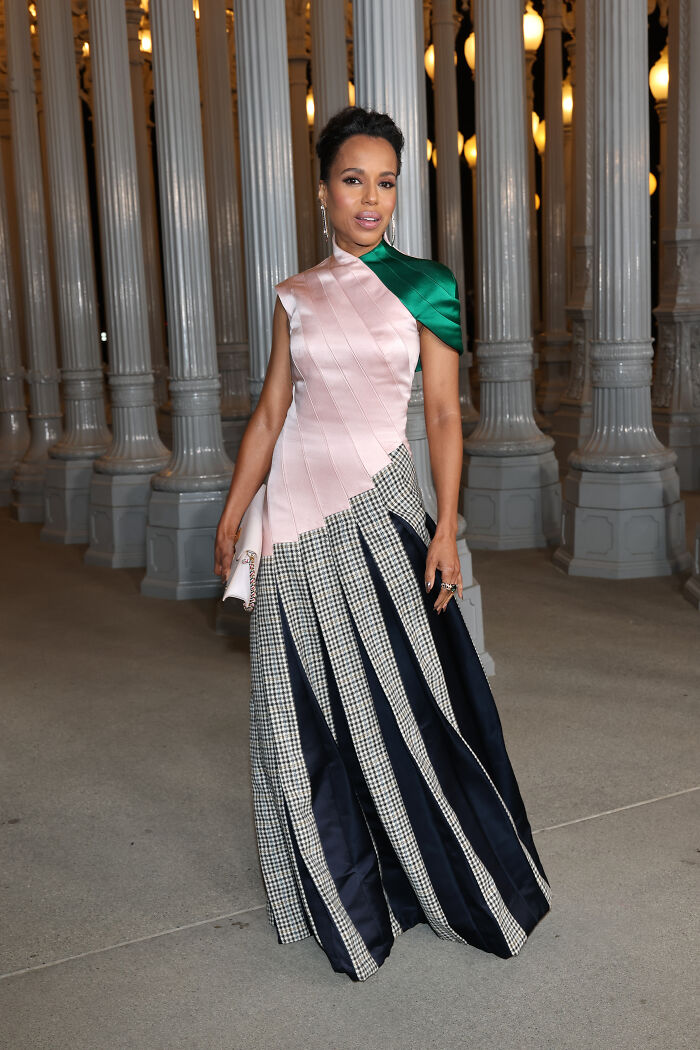 Woman in a multi-patterned gown posing at 2025 LACMA art and film gala featuring best and worst outfits.