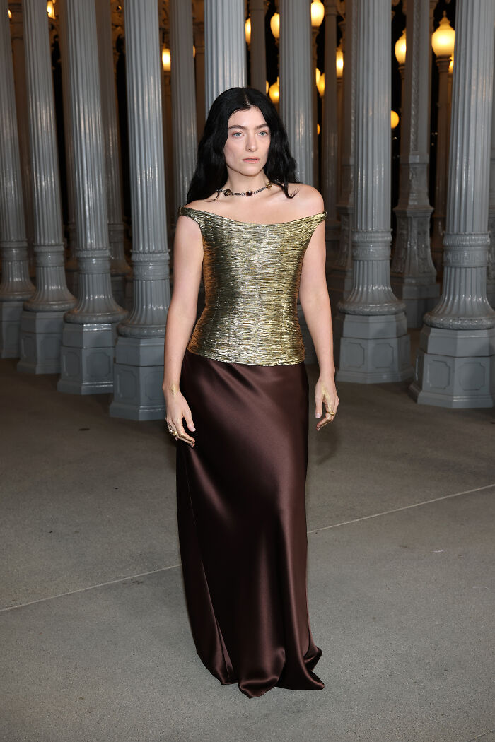 Woman in a gold and brown gown posing at the 2025 LACMA Art and Film Gala showcasing best and worst outfits.