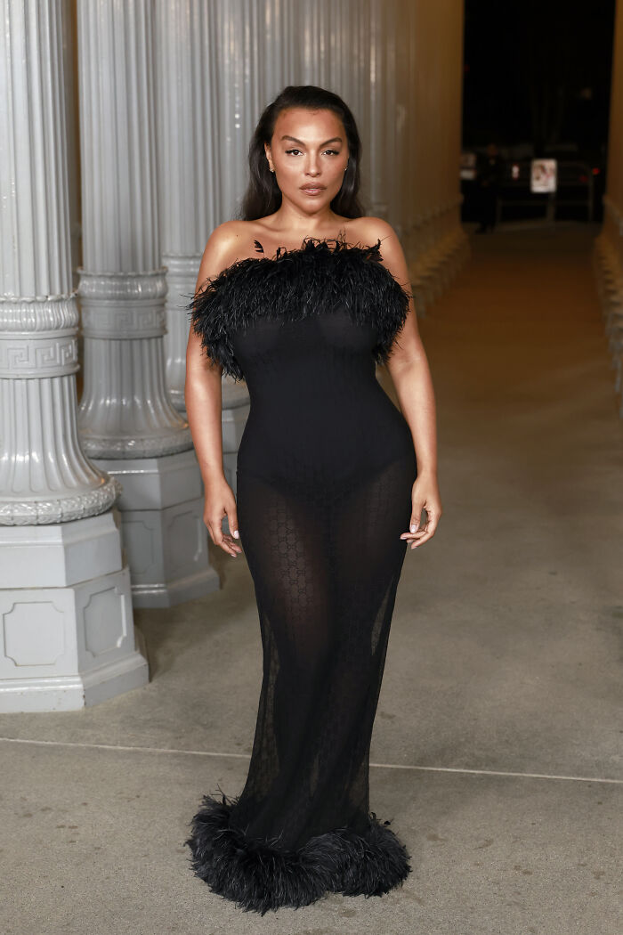 Woman in a black sheer gown with feather details posing at 2025 LACMA Art and Film Gala showcasing best outfits.