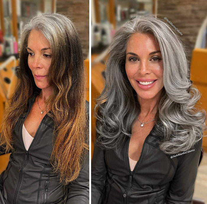 Before and after celebrity hair color transformation showing a natural gray hair makeover by Jack Martin.