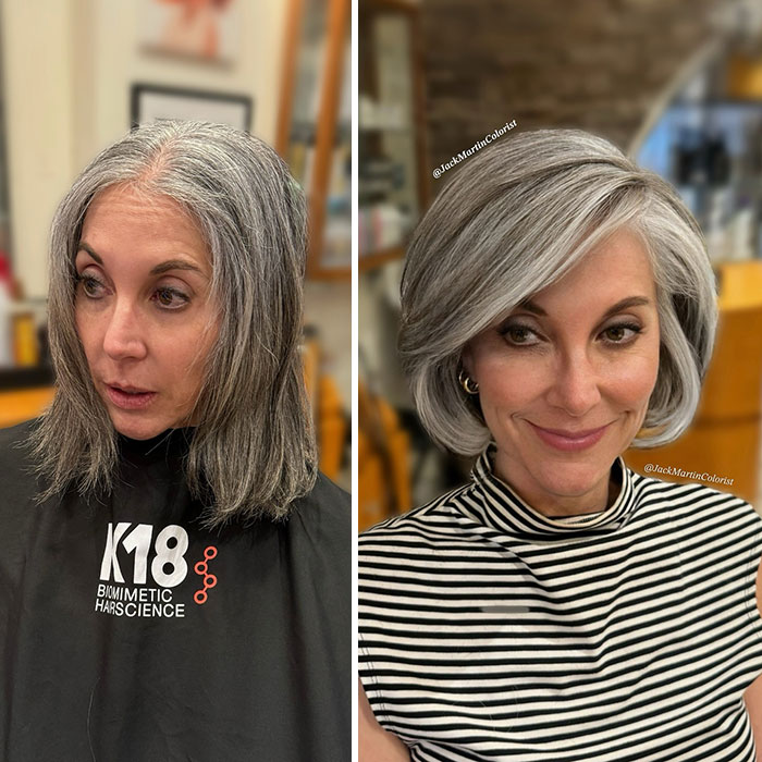 Before and after gray hair transformation by celebrity hair colorist Jack Martin, showcasing stylish and modern silver hairstyles.