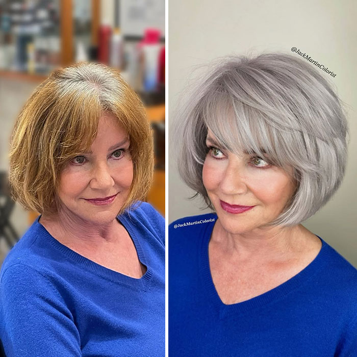 Side-by-side before and after photos showing a gray hair transformation by celebrity hair colorist Jack Martin.