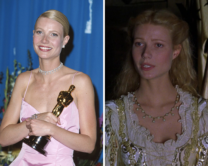 Gwyneth Paltrow holding an Oscar and a movie scene with her in a historical costume reflecting celebrity confessions about movies.