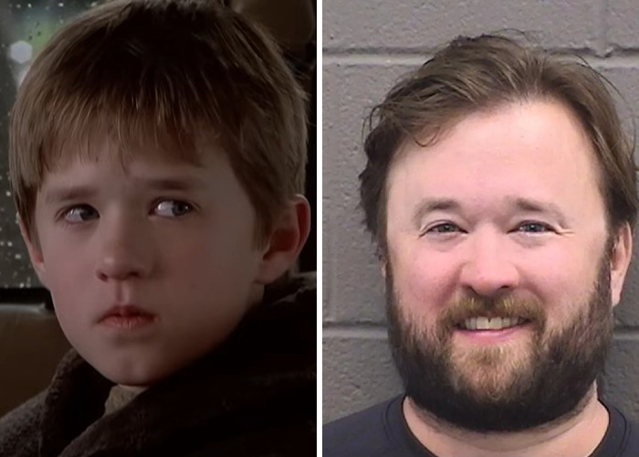 Side-by-side images of a young boy and a bearded man smiling, related to celebrities arrested in 2025.