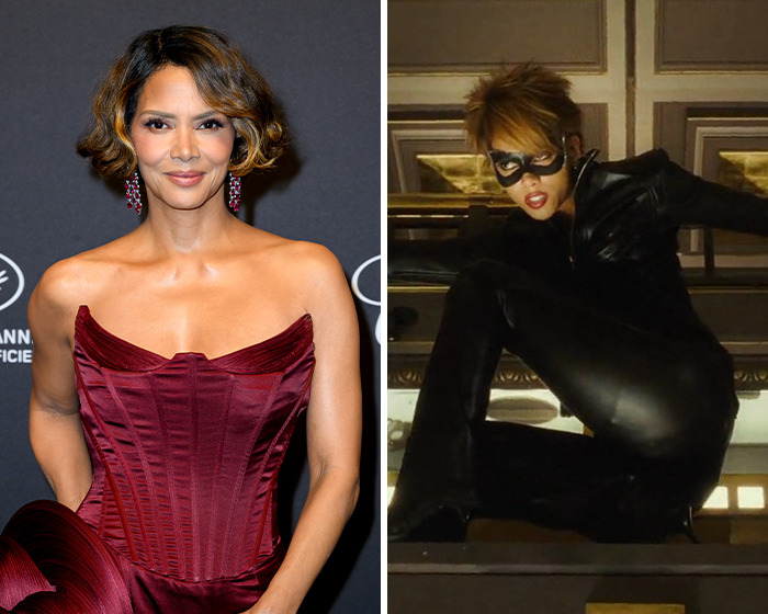 Halle Berry posing at an event and dressed as Catwoman in a black costume from the movie with stunning confessions.