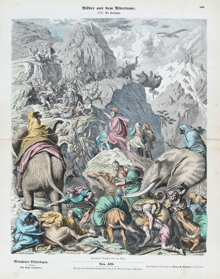 Historical battle scene with elephants and soldiers crossing mountains in a chaotic and dramatic moment.