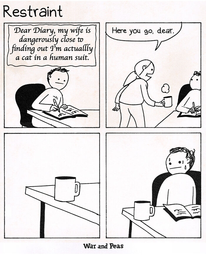 War and Peas comic strip showing a man writing a diary, a woman handing him coffee, with dark and absurd humor.