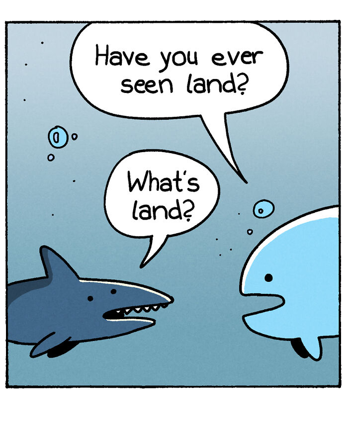 War and Peas comic panel featuring a shark and dolphin discussing the concept of land in a dark, absurd style