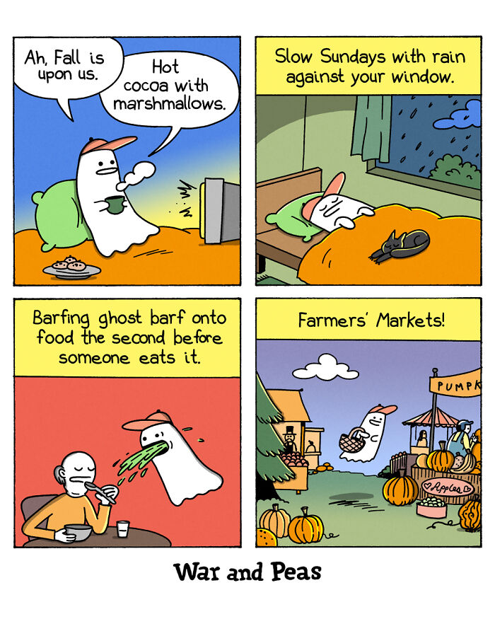War and Peas comic panels showing dark and absurd humor with a ghost character in everyday fall and farmers' market scenes.