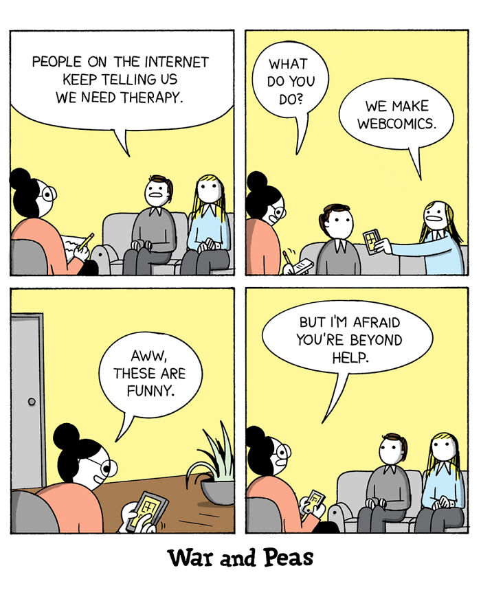 War and Peas comic strip showing a couple making webcomics during a therapy session with dark, absurd humor.